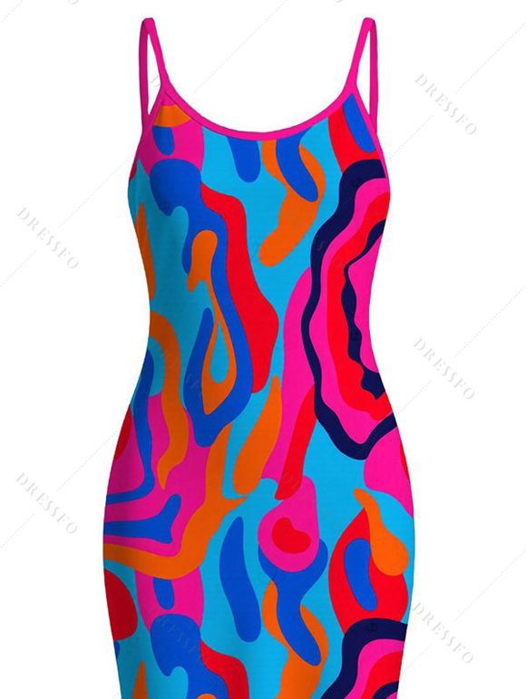 Vacation Dress Colorful Abstract Swirl Print Spaghetti Strap Maxi Bodycon Dress - Rose Vif XXL | US 14
