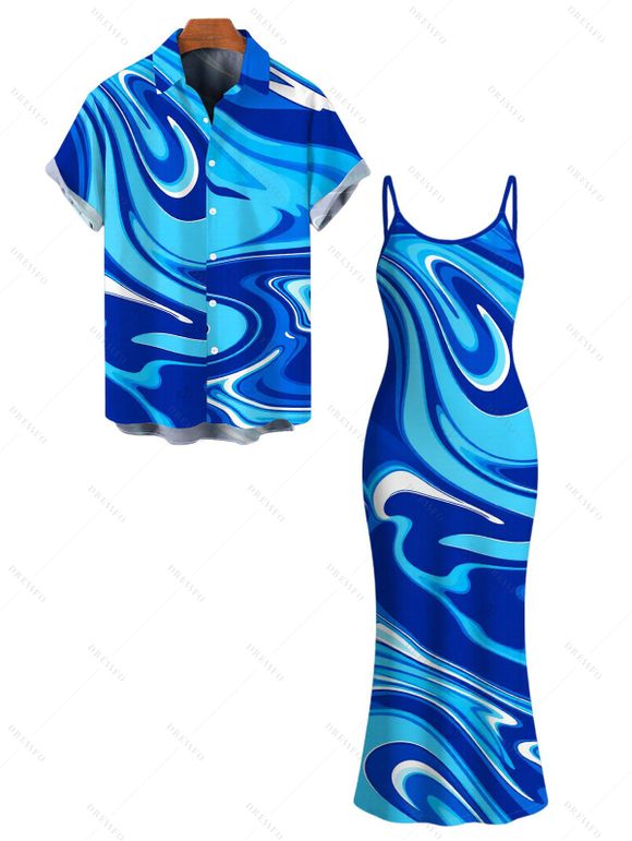 Vacation Couple Outfit Gradient Marbled Liquid Swirl Texture Pattern Spaghetti Strap Maxi Bodycon Dress and Shirt Set - Bleu S | US 4