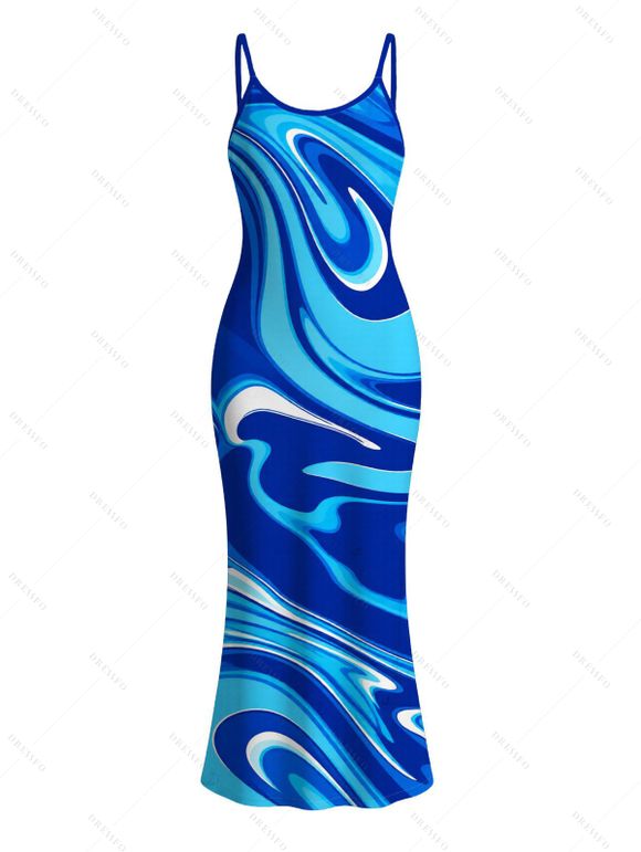 Vacation Couple Outfit Gradient Marbled Liquid Swirl Texture Pattern Spaghetti Strap Maxi Bodycon Dress and Shirt Set - Bleu S | US 4