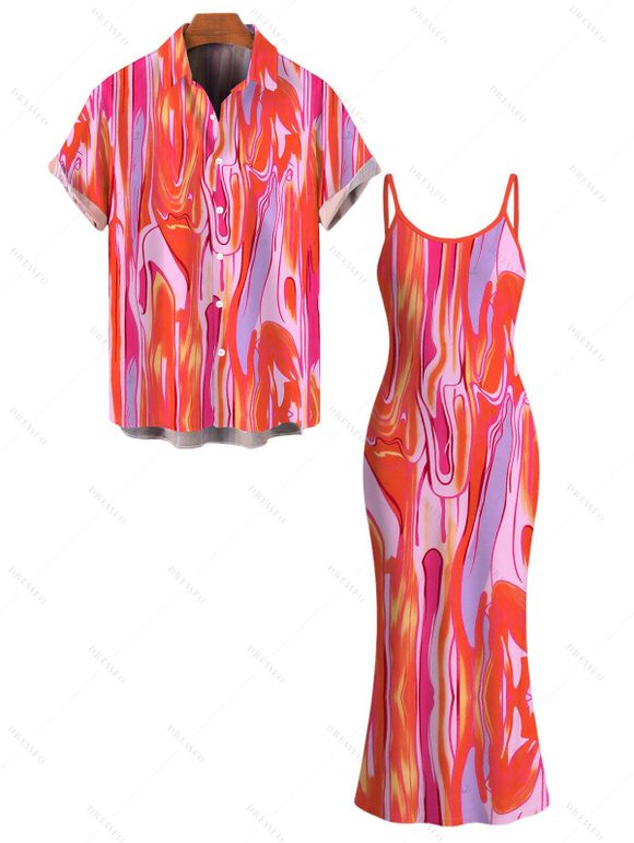 Vacation Couple Outfit Gradient Fluid Texture Print Spaghetti Strap Maxi Bodycon Dress and Shirt Set - Rose Vif S | US 4