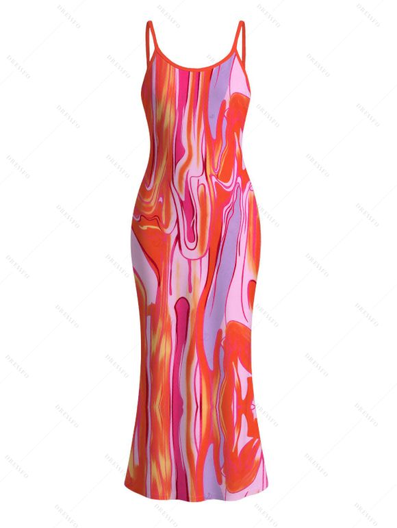 Vacation Couple Outfit Gradient Fluid Texture Print Spaghetti Strap Maxi Bodycon Dress and Shirt Set - Rose Vif S | US 4