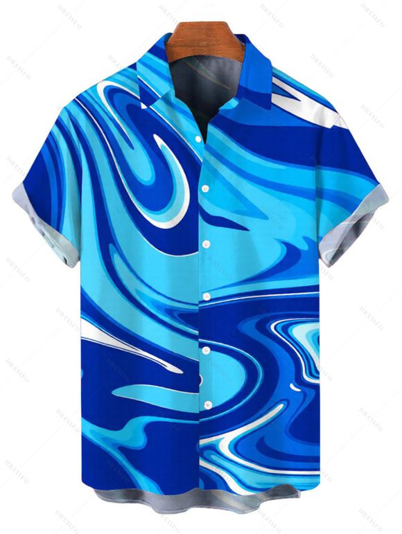 Vacation Couple Outfit Gradient Marbled Liquid Swirl Texture Pattern Spaghetti Strap Maxi Bodycon Dress and Shirt Set - Bleu S | US 4