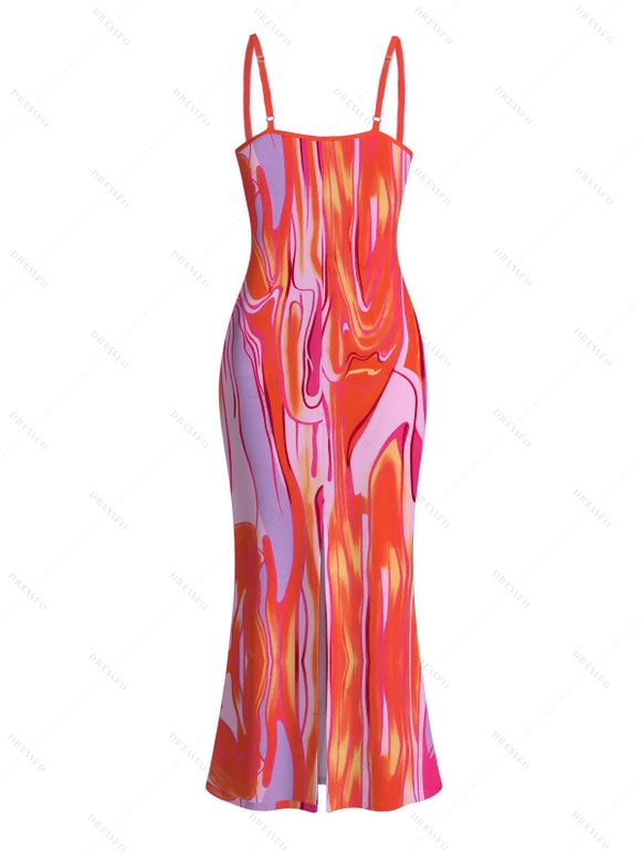 Vacation Couple Outfit Gradient Fluid Texture Print Spaghetti Strap Maxi Bodycon Dress and Shirt Set - Rose Vif S | US 4
