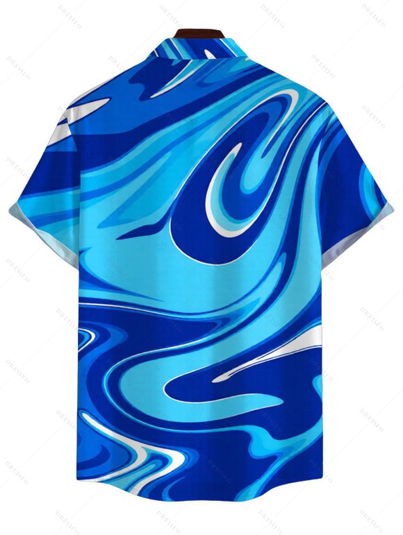 Vacation Couple Outfit Gradient Marbled Liquid Swirl Texture Pattern Spaghetti Strap Maxi Bodycon Dress and Shirt Set - Bleu S | US 4