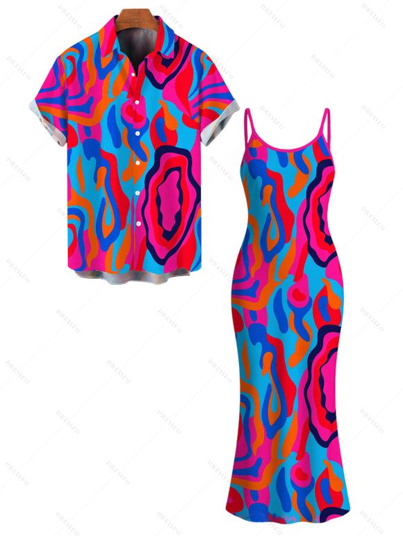 Vacation Couple Outfit Colorful Abstract Swirl Print Spaghetti Strap Maxi Bodycon Dress and Shirt Set - Rose Vif S | US 4