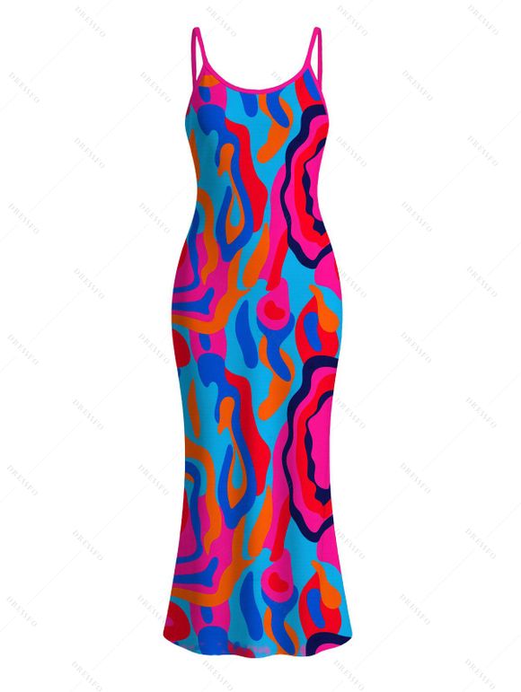 Vacation Couple Outfit Colorful Abstract Swirl Print Spaghetti Strap Maxi Bodycon Dress and Shirt Set - Rose Vif S | US 4
