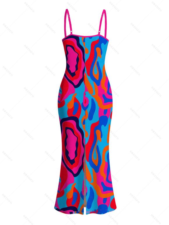 Vacation Couple Outfit Colorful Abstract Swirl Print Spaghetti Strap Maxi Bodycon Dress and Shirt Set - Rose Vif S | US 4
