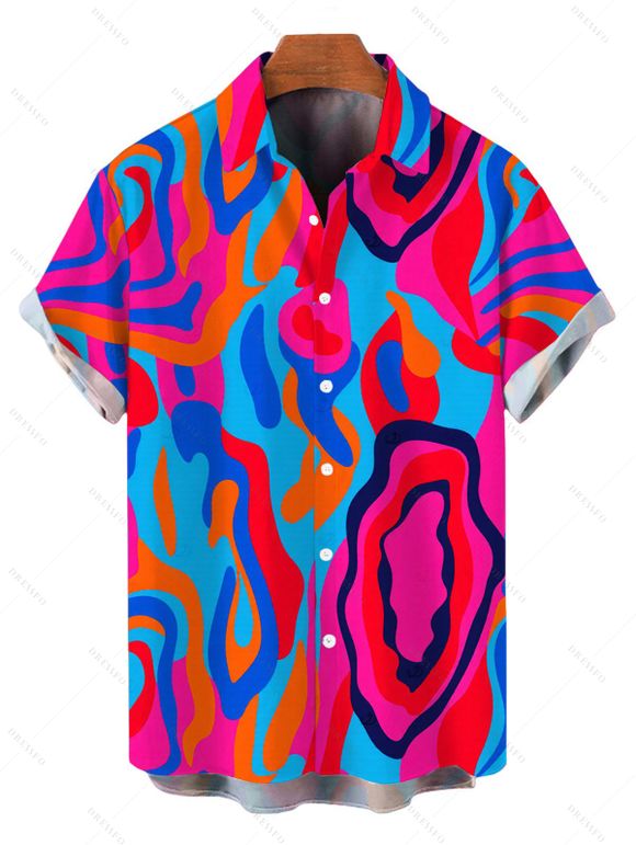 Vacation Couple Outfit Colorful Abstract Swirl Print Spaghetti Strap Maxi Bodycon Dress and Shirt Set - Rose Vif S | US 4