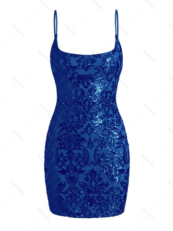 Party Dress Sequined Printed Spaghetti Strap Bodycon Mini Prom Dress - Bleu M | US 6