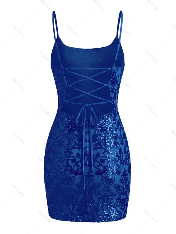 Party Dress Sequined Printed Spaghetti Strap Bodycon Mini Prom Dress - Bleu M | US 6