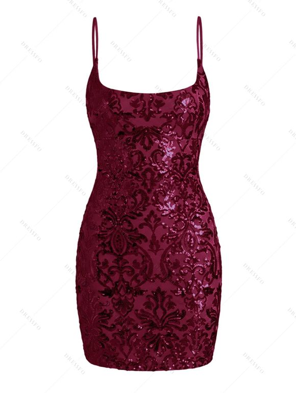 Party Dress Sequined Printed Spaghetti Strap Bodycon Mini Prom Dress - Rouge Vineux M | US 6