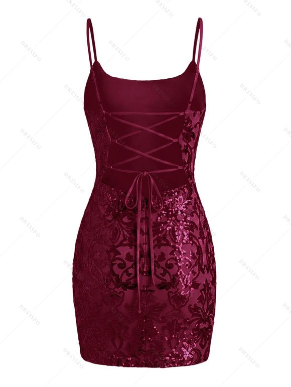 Party Dress Sequined Printed Spaghetti Strap Bodycon Mini Prom Dress - Rouge Vineux M | US 6