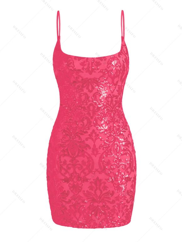 Party Dress Sequined Printed Spaghetti Strap Bodycon Mini Prom Dress - Rouge Rose XL | US 12