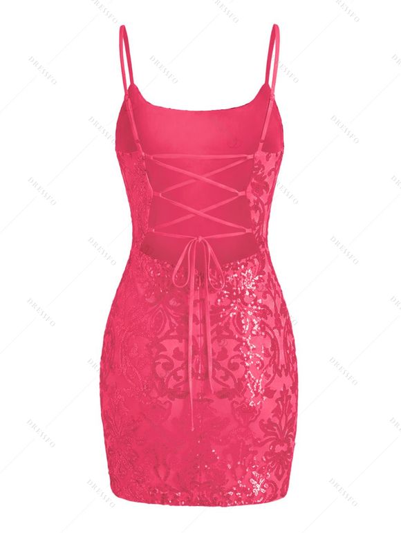 Party Dress Sequined Printed Spaghetti Strap Bodycon Mini Prom Dress - Rouge Rose XL | US 12