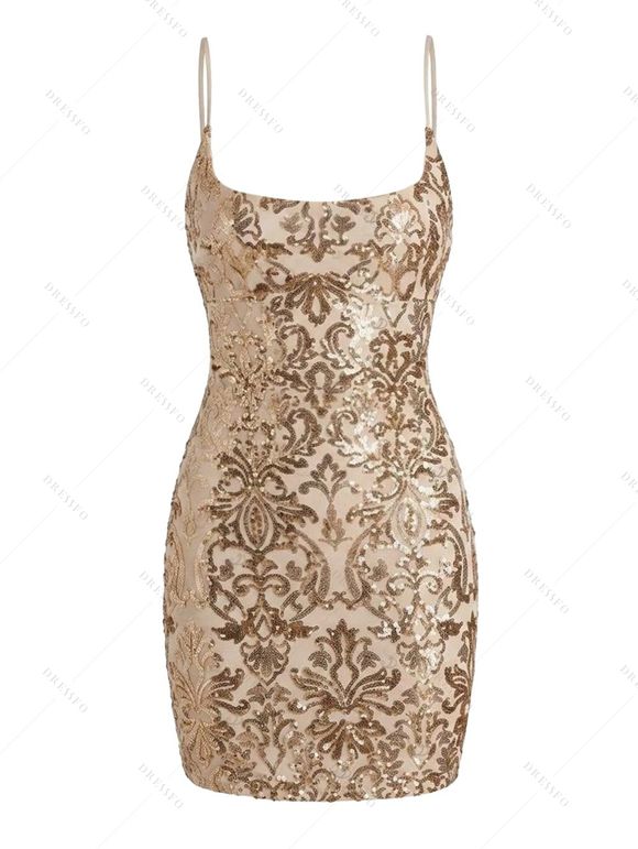 Party Dress Sequined Printed Spaghetti Strap Bodycon Mini Prom Dress - d'or XL | US 12