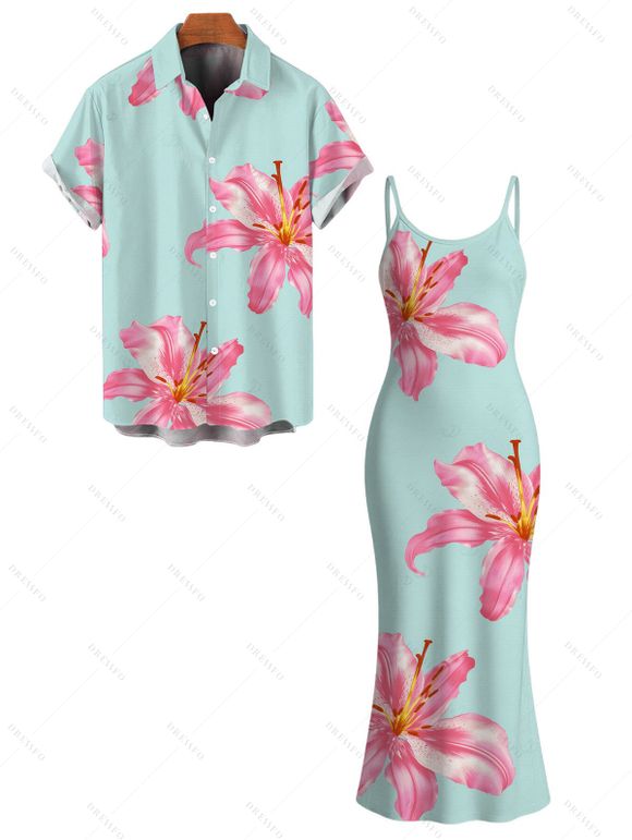 Vacation Couple Outfit Lily Floral Pattern Spaghetti Strap Maxi Bodycon Dress and Shirt Set - Bleu clair S | US 4