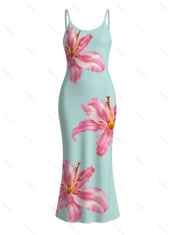 Vacation Couple Outfit Lily Floral Pattern Spaghetti Strap Maxi Bodycon Dress and Shirt Set - Bleu clair S | US 4