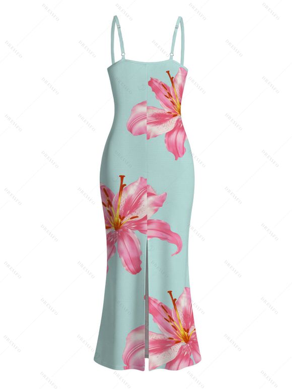 Vacation Couple Outfit Lily Floral Pattern Spaghetti Strap Maxi Bodycon Dress and Shirt Set - Bleu clair S | US 4