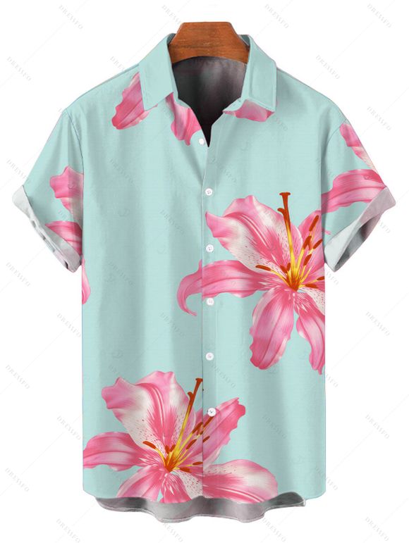 Vacation Couple Outfit Lily Floral Pattern Spaghetti Strap Maxi Bodycon Dress and Shirt Set - Bleu clair S | US 4
