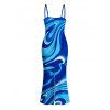 Vacation Dress Gradient Marbled Liquid Swirl Texture Pattern Spaghetti Strap Maxi Bodycon Dress - Bleu S | US 4