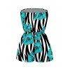 Hawaiian Vacation Romper Tropical Hibiscus Floral Zebra Print Pocket Off the Shoulder Romper - Turquoise S | US 4