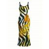 Hawaiian Vacation Dress Tropical Palm Leaf Zebra Print Spaghetti Strap Maxi Bodycon Dress - Brun Doré L | US 8-10