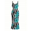Hawaiian Vacation Dress Tropical Hibiscus Floral Zebra Print Spaghetti Strap Maxi Bodycon Dress - Turquoise S | US 4