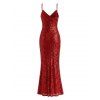 Party Dress Sequined Solid Color Slit Spaghetti Strap Prom Dress - Rouge XL | US 12