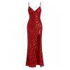 Party Dress Sequined Solid Color Slit Spaghetti Strap Prom Dress - Rouge XXL | US 14