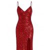 Party Dress Sequined Solid Color Slit Spaghetti Strap Prom Dress - Rouge XXL | US 14