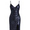 Party Dress Sequined Solid Color Slit Spaghetti Strap Prom Dress - Bleu de Minuit L | US 8-10