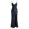 Party Dress Sequined Solid Color Slit Spaghetti Strap Prom Dress - Bleu de Minuit XL | US 12