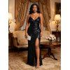 Party Dress Sequined Solid Color Slit Spaghetti Strap Prom Dress - Bleu de Minuit XL | US 12