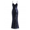 Party Dress Sequined Solid Color Slit Spaghetti Strap Prom Dress - Bleu de Minuit XXL | US 14