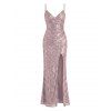 Party Dress Sequined Solid Color Slit Spaghetti Strap Prom Dress - Rose M | US 6