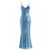 Party Dress Sequined Solid Color Slit Spaghetti Strap Prom Dress - Bleu Ciel M | US 6