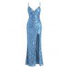 Party Dress Sequined Solid Color Slit Spaghetti Strap Prom Dress - Bleu Ciel XL | US 12