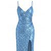 Party Dress Sequined Solid Color Slit Spaghetti Strap Prom Dress - Bleu Ciel XXL | US 14