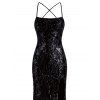 Party Dress Sequined Lace Up Back High Slit Bodycon Elegant Dress - Noir S | US 4