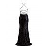 Party Dress Sequined Lace Up Back High Slit Bodycon Elegant Dress - Noir L | US 8-10