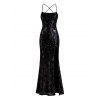 Party Dress Sequined Lace Up Back High Slit Bodycon Elegant Dress - Noir XXL | US 14