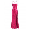 Party Dress Sequined Lace Up Back High Slit Bodycon Elegant Dress - Rouge Rose XL | US 12