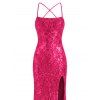 Party Dress Sequined Lace Up Back High Slit Bodycon Elegant Dress - Rouge Rose L | US 8-10