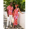 Vacation Couple Outfit Gradient Fluid Texture Print Spaghetti Strap Maxi Bodycon Dress and Shirt Set - Rose Vif S | US 4