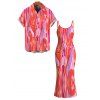 Vacation Couple Outfit Gradient Fluid Texture Print Spaghetti Strap Maxi Bodycon Dress and Shirt Set - Rose Vif S | US 4