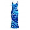 Vacation Couple Outfit Gradient Marbled Liquid Swirl Texture Pattern Spaghetti Strap Maxi Bodycon Dress and Shirt Set - Bleu S | US 4