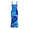 Vacation Couple Outfit Gradient Marbled Liquid Swirl Texture Pattern Spaghetti Strap Maxi Bodycon Dress and Shirt Set - Bleu S | US 4