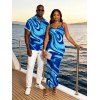Vacation Couple Outfit Gradient Marbled Liquid Swirl Texture Pattern Spaghetti Strap Maxi Bodycon Dress and Shirt Set - Bleu S | US 4