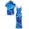 Vacation Couple Outfit Gradient Marbled Liquid Swirl Texture Pattern Spaghetti Strap Maxi Bodycon Dress and Shirt Set - Bleu S | US 4