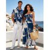 Vacation Couple Outfit Vintage Grunge Ink Wash Abstract Print Tied Pocket Off the Shoulder Wide Leg Jumpsuit and Shirt Set - Bleu profond S | US 4